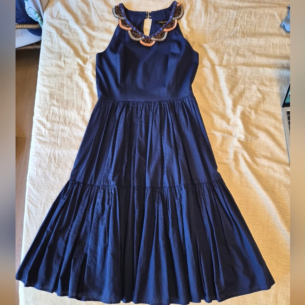 Cynthia Steffe Navy Blue Beaded Cotton Dress With Pockets